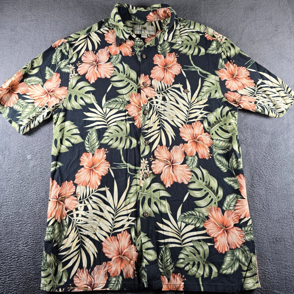 Island Shores Hawaiian Shirt Mens Small Black Peach Hibiscus Floral Rayon Camp